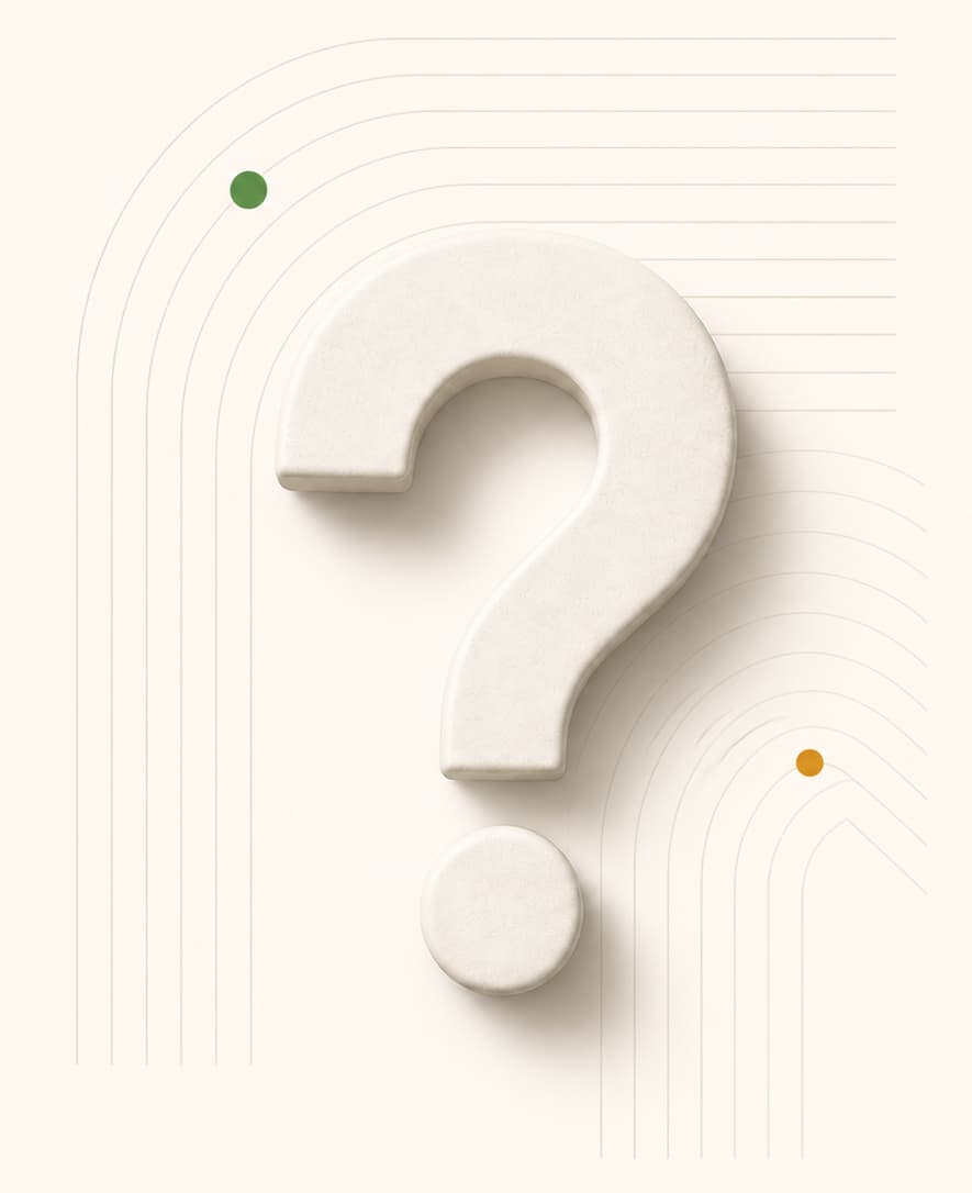 Biostaq FAQ visual with a dimensional question mark and orbiting signal arcs