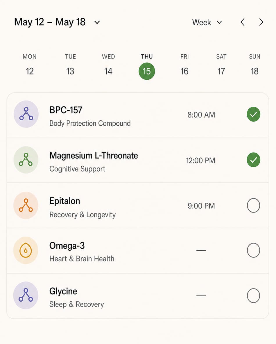 Biostaq protocol schedule with planned compounds and completion states