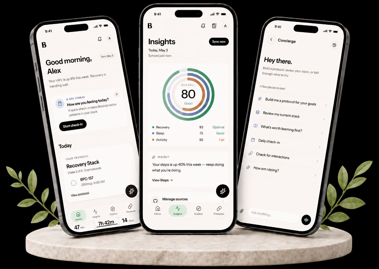 Biostaq app — Insights, peptide details, and concierge AI shown across three iPhones on a marble pedestal